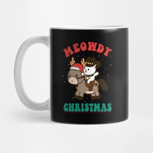 Meowdy Christmas Cute Cowboy Cat Riding A Reindeer Horse Pun Mug